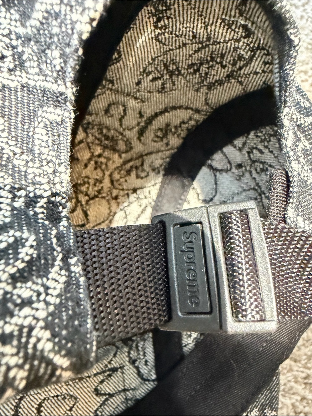 Supreme Black & White Script Pattern Strapback Cap - Picture 3 of 5